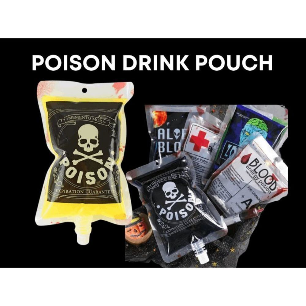 Halloween Poison Drink Flask, I.V. Bag Drink Pouch, Blood Bag Drink Cups + Label